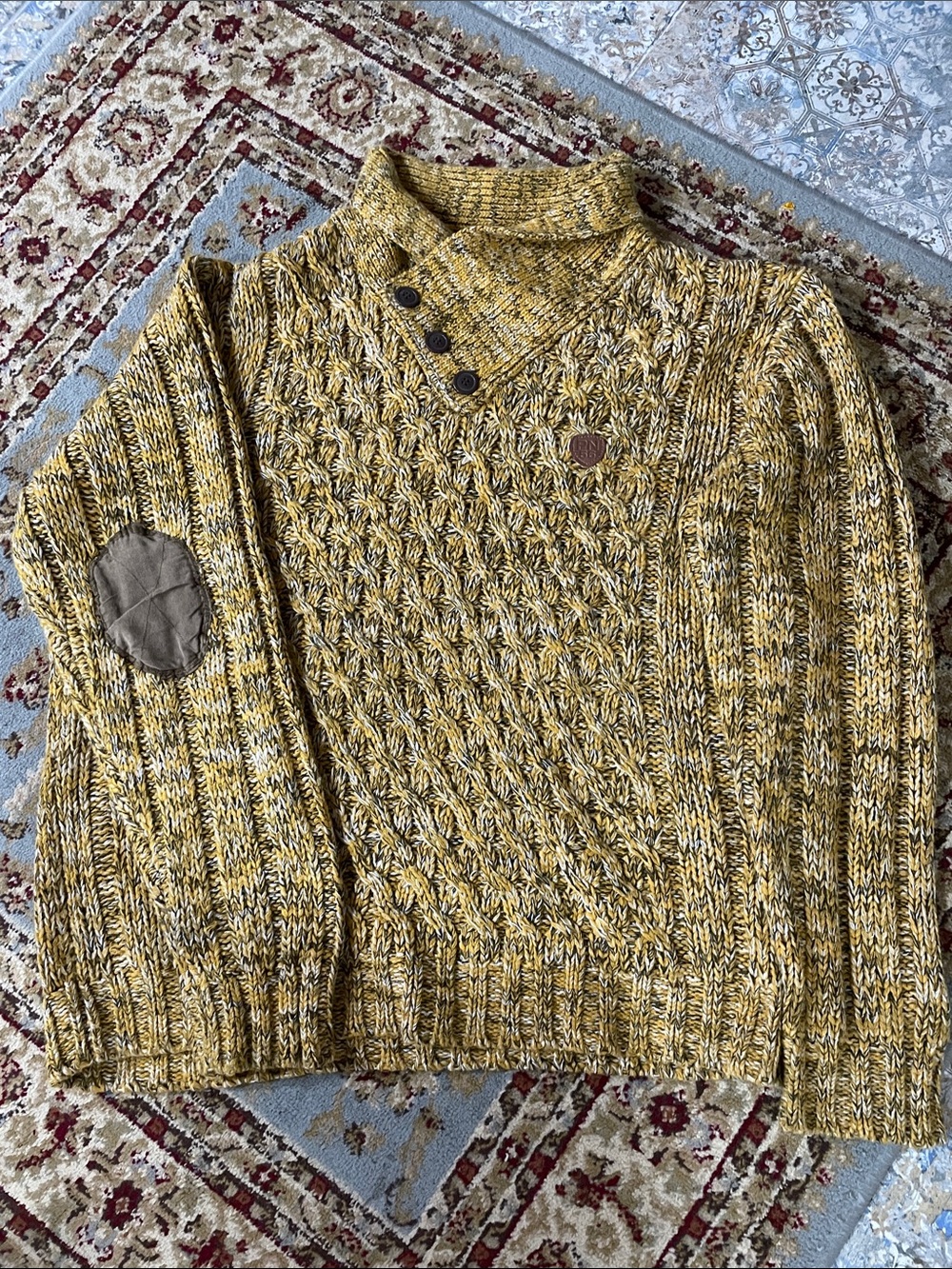 Men's Mustard Cable-Knit Crewneck Sweater with Elbow Patches
